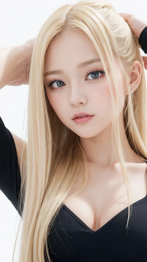 (((forehead、White background、Blonde、Russia、Northern Europe、Upper body close-up)))、sexyな巨乳,25歳の美しい女の子はsexyでかわいい & かわいい美しいsexyな顔, A strong wind blows my hair in front of my face,Beautiful super long metallic blonde straight hair、長い前髪の後ろに隠された美しくキュートでsexyな目、Black ultra short exy、Dynamic Pose