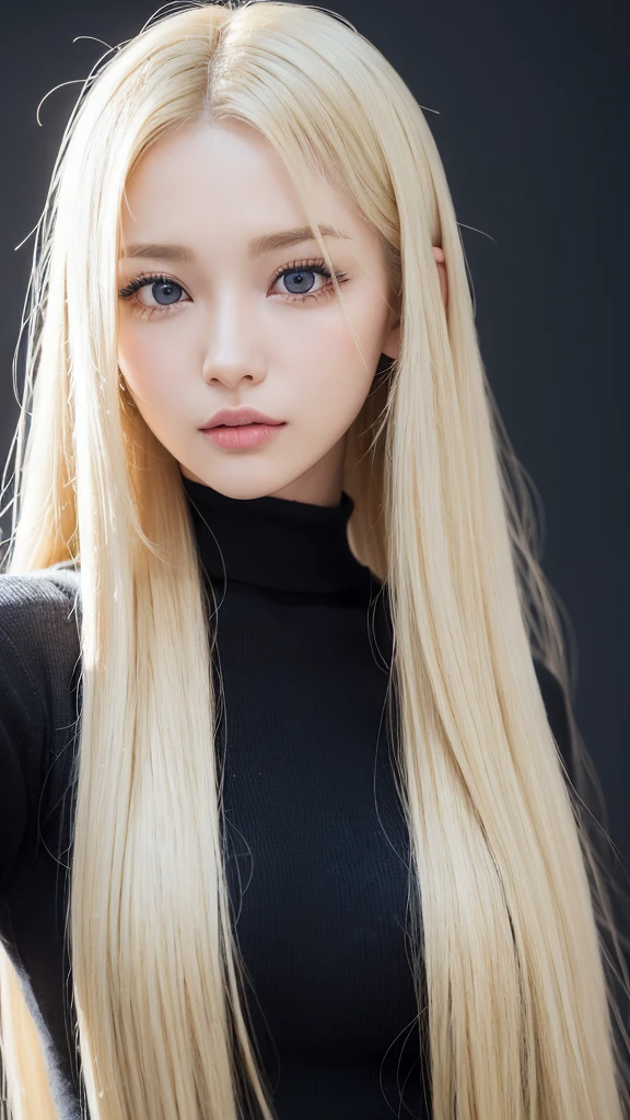 (((forehead、White background、Blonde、Russia、Northern Europe、Upper body close-up)))、sexyな巨乳,25歳の美しい女の子はsexyでかわいい & かわいい美しいsexyな顔, A strong wind blows my hair in front of my face,Beautiful super long metallic blonde straight hair、長い前髪の後ろに隠された美しくキュートでsexyな目、Black ultra short exy、Dynamic Pose