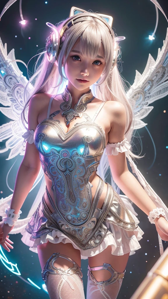 Cyborg, Girl, Beautiful girl, Cute, Sexy, Strong, Slender, Delicate, Smile, (ta costume), High legs, Metallic, ultra color, paisley, Headgear, mandalas, Near future, Heaven, angel, feater, wing, Helix lamp