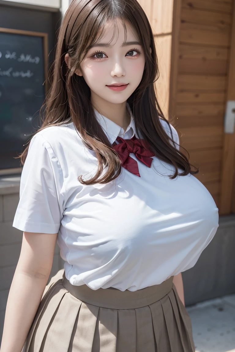 (Best quality,masterpiece,ultra detailed,8K,RAW photo,realistic,high resolution:1.2),(Pretty Japanese girl),(Super huge tits:1.4),(light brown hair),(school uniform,white shirt,pleated skirt:1.4),(voluptuous:1.5),(shoulder length),(light smile),(chubby:1.4)