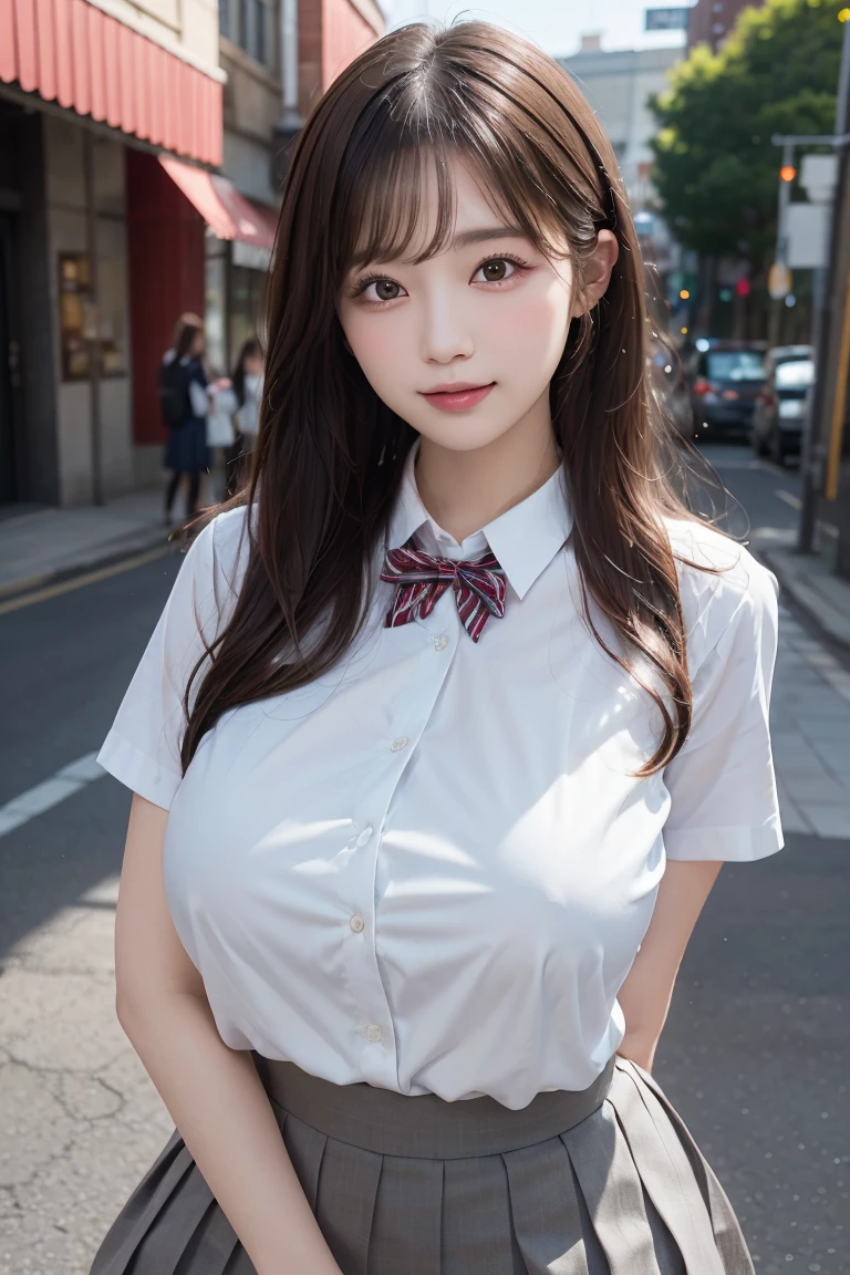 (Best quality,masterpiece,ultra detailed,8K,RAW photo,realistic,high resolution:1.2),(Pretty Japanese girl),(Super huge tits:1.4),(light brown hair),(school uniform,white shirt,pleated skirt:1.4),(voluptuous:1.5),(shoulder length),(light smile),(chubby:1.4)