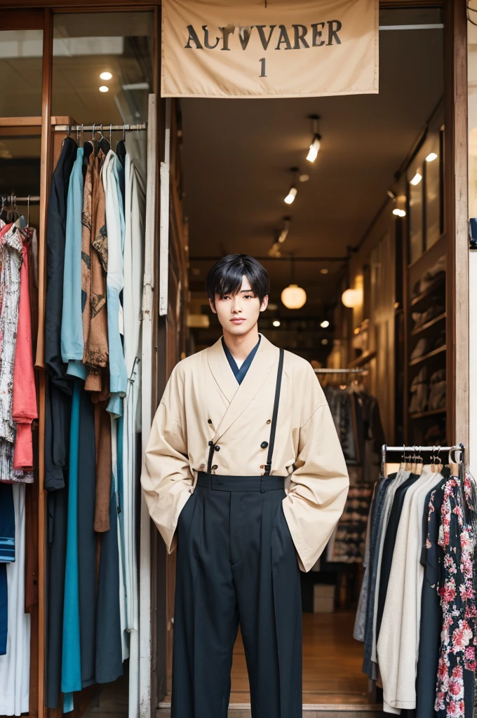 A 170cm tall Japanese male model posing in front of a vintage clothing store