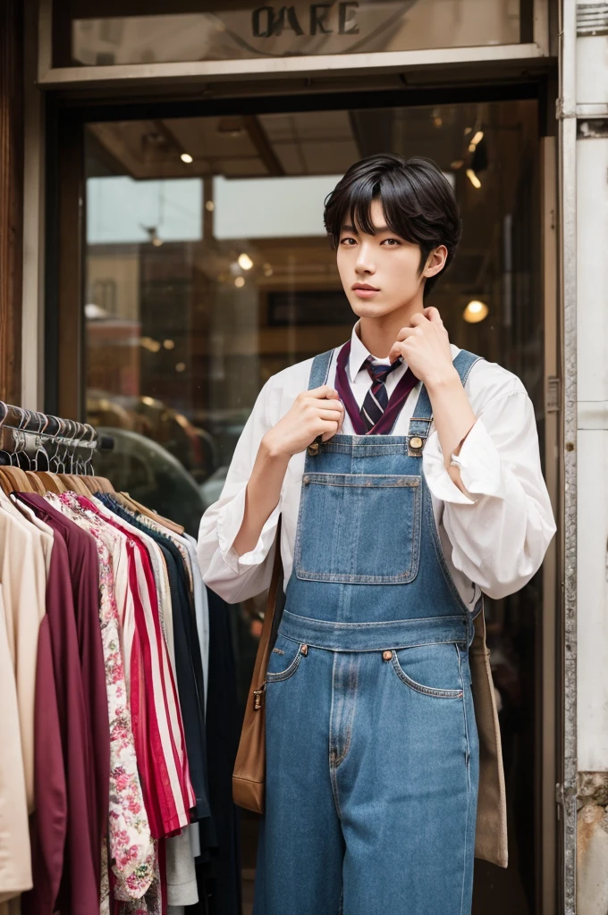 A 170cm tall Japanese male model posing in front of a vintage clothing store