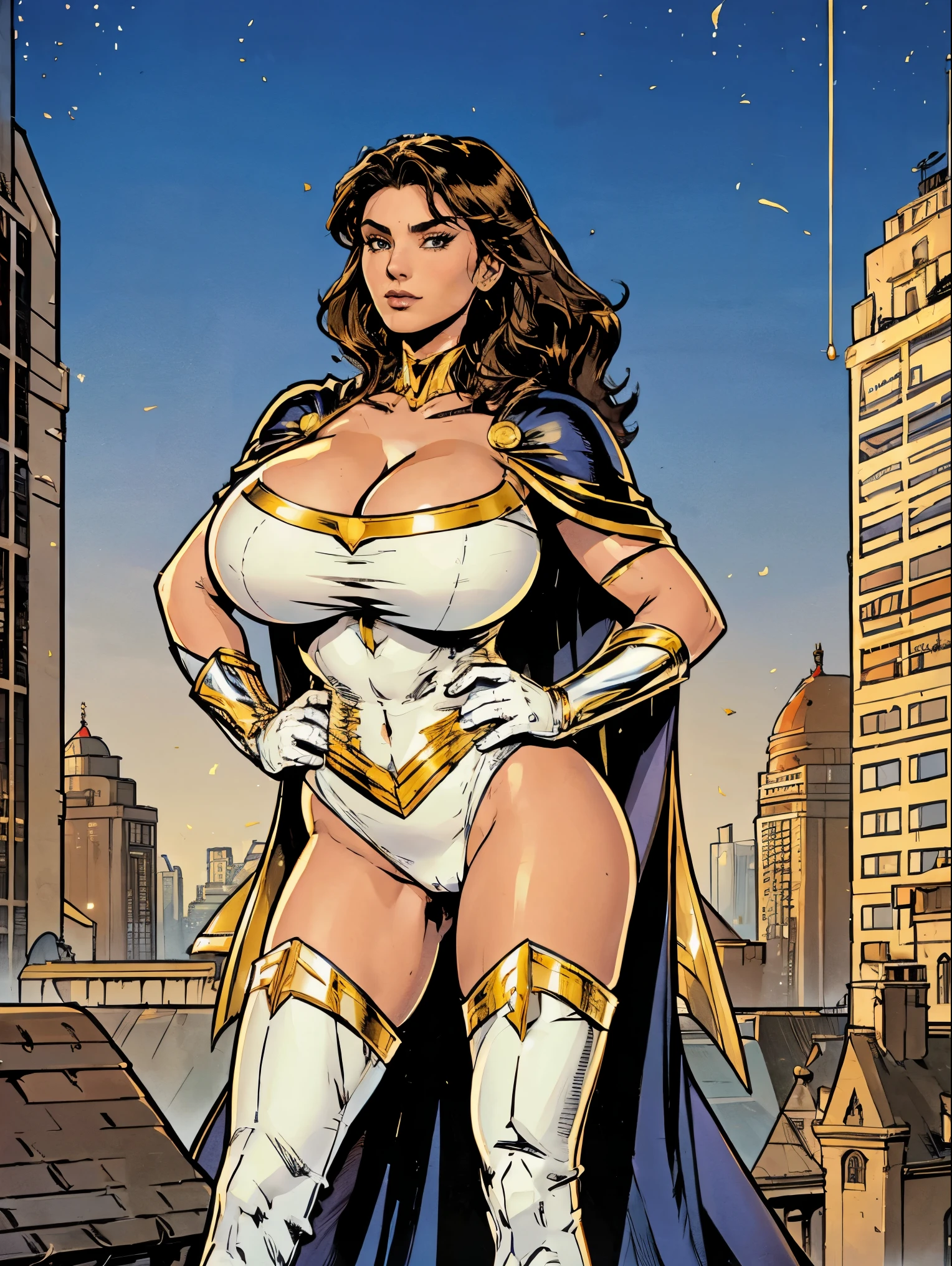 Gorgeous and sultry busty athletic (thin) brunette with sharp facial features and (huge boobs) wearing a white and gold superhero leotard, cape, gloves, thigh-high boots. City skyline, rooftops.