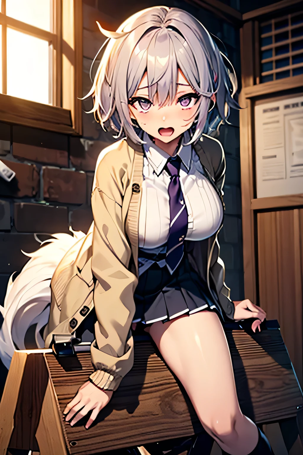 (Very detailed CG Unity 8K wallpaper),(masterpiece), (Highest quality), (Very detailed), (Best illustrations),(Best Shadow), Dynamism,16 years old,Purple eyes and purple very short hair,Large Breasts,,White blouse,Blue tie,Checked mini skirt,beige cardigan,ahegao（Riding a wooden horse）Love juices are dripping,Dynamic Angle