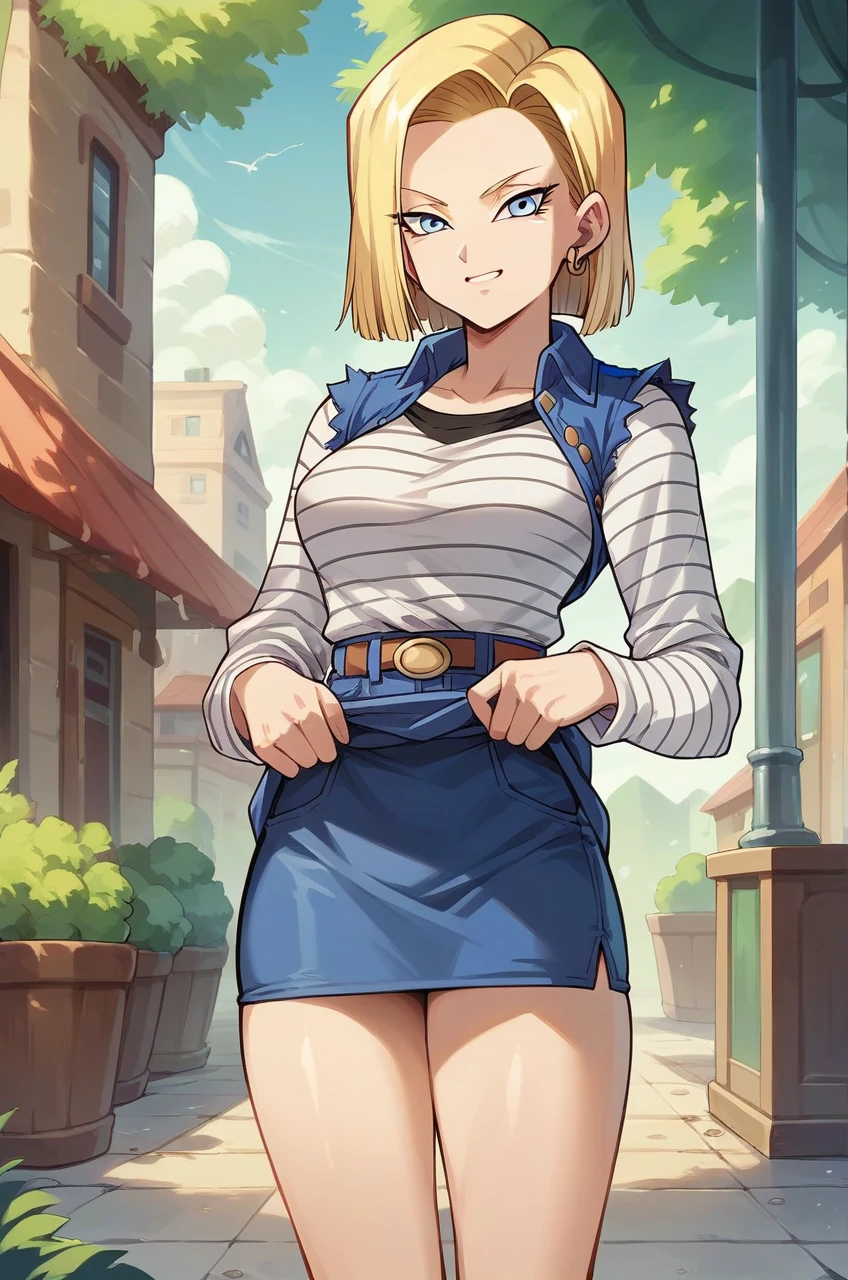Masterpiece, best quality,mini skirt,official art, dragon ball,android 18,light smile,nsfw,skirt lift by myself