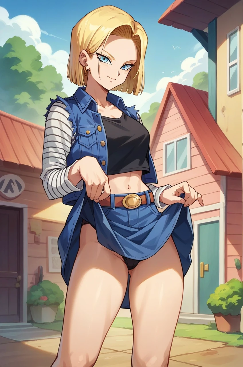 Masterpiece, best quality,mini skirt,official art, dragon ball,android 18,light smile,nsfw,mini skirt lift by myself