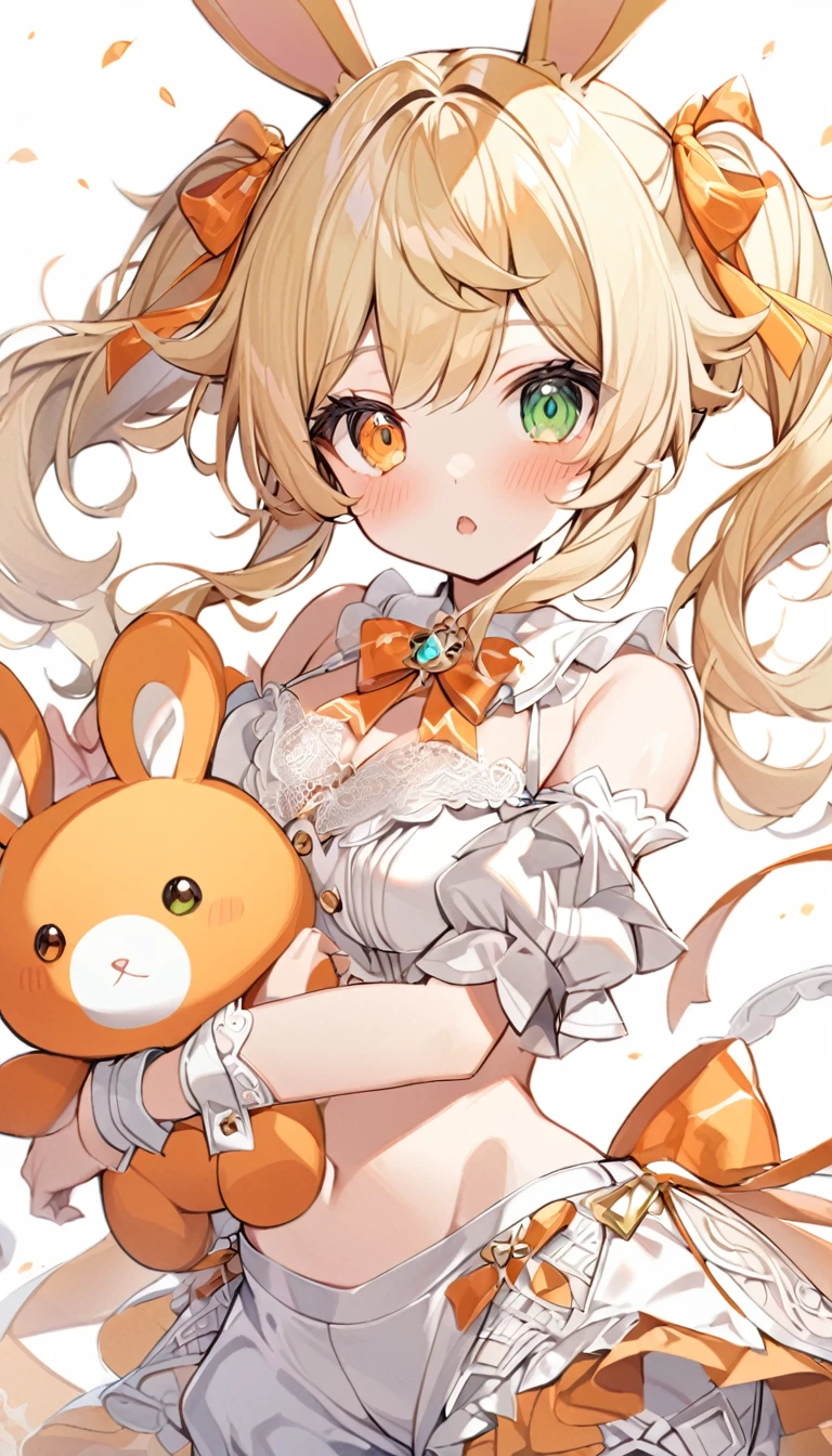 1girl, animal ears, bangs, bare shoulders, blonde hair, blush, bow, breasts, white cleavage, cropped torso, , green eyes, hair ribbon, heterochromia, holding, holding stuffed toy, looking at viewer, open mouth, orange bow, orange eyes, orange ribbon, rabbit ears, ribbon, solo, stuffed animal, stuffed bunny, stuffed toy, twintails, upper body, virtual youtuber, white background, wrist cuffs, yellow eyes, bloomers, close-up, fair skin frills, lace, midriff, skirt, solo, , white background,shorts, white top with ribbon and lace and trousers,trousers, genshin,white slippers with a bow,All clothes are white, lace