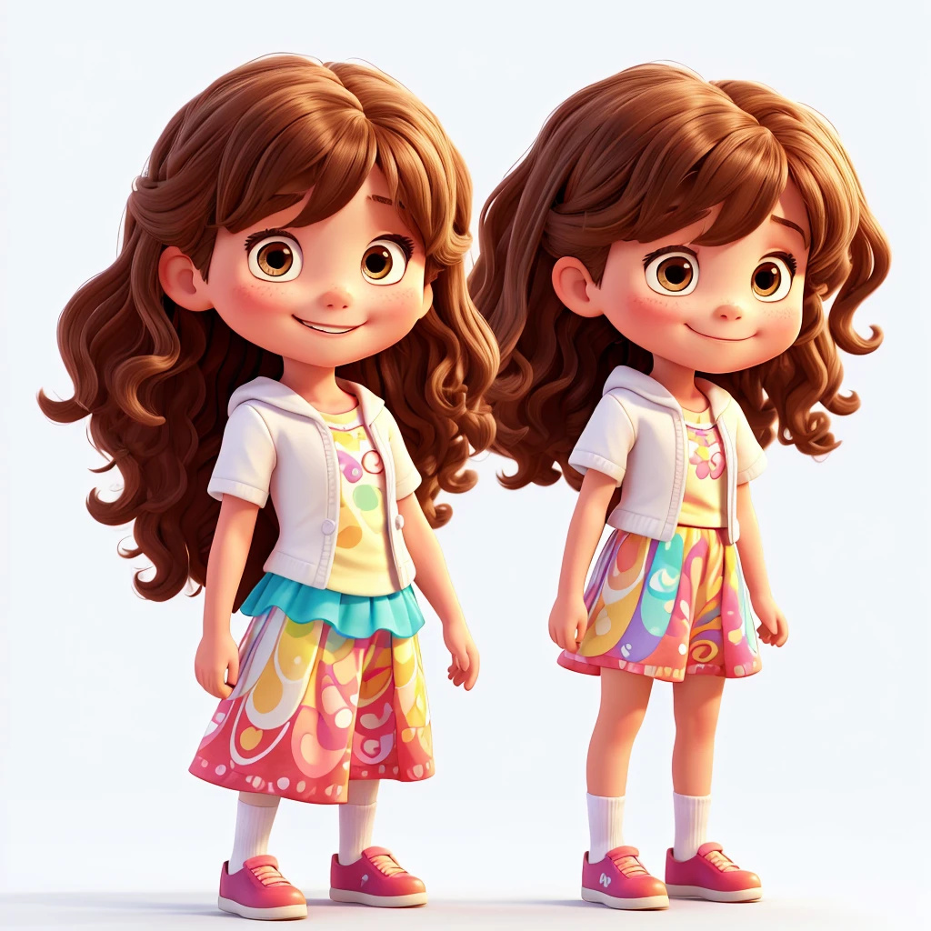 draw Helen, a 5 girl with wavy hair on a white background. should wear brightly colored clothes and smile. Disney pixar style