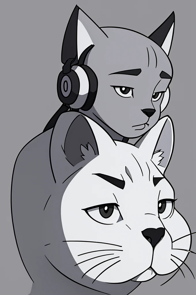 Not so quasimoto-style kitty that the edges are made of a stronger tone than the rest with headphones on the head but that only cover 1 ear most of the time, smooth in texture and having cross hatching in shadows or hairy areas -An aura separated from your body by a white outline