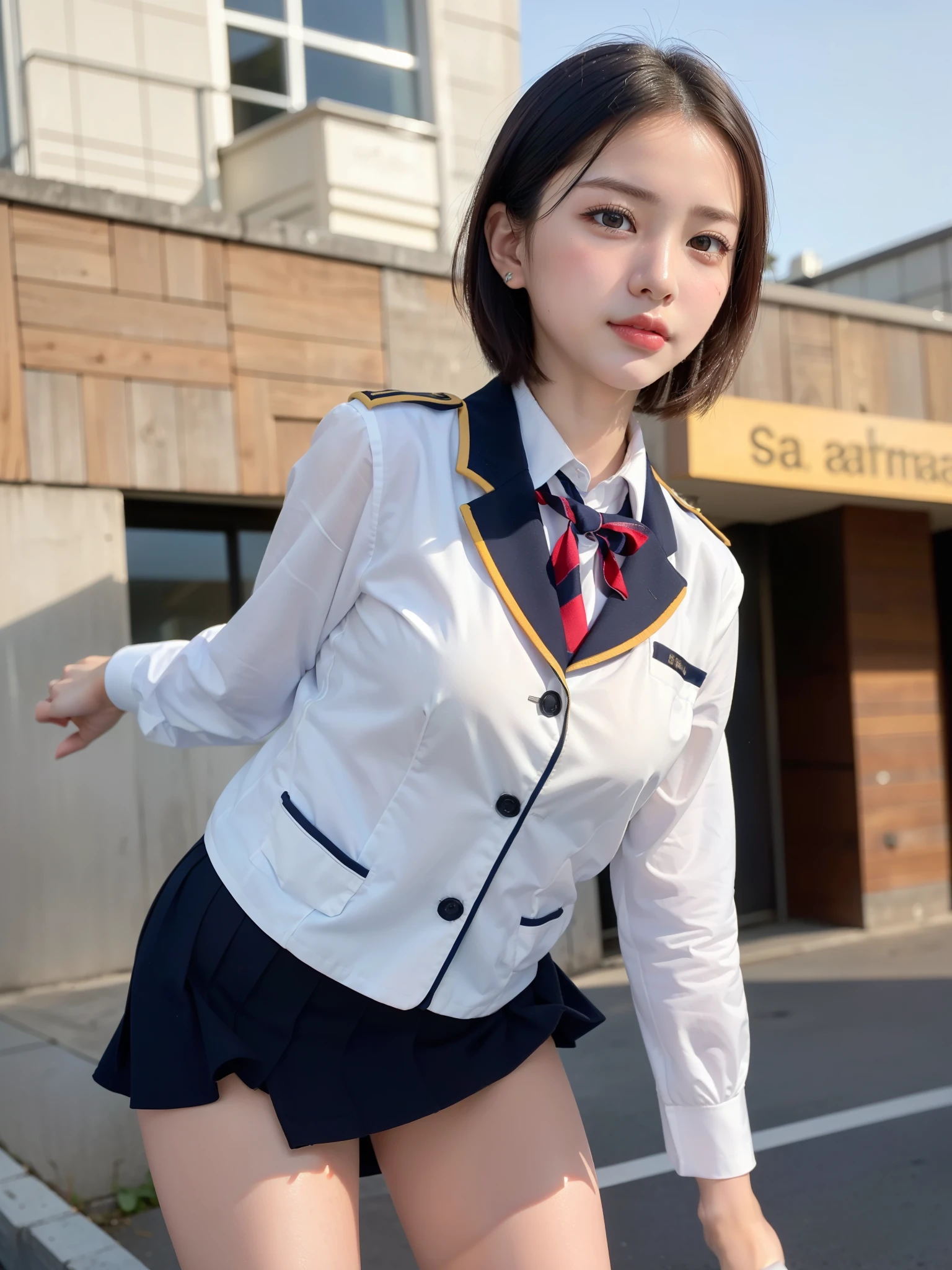 8k,masterpiece,Japanese,,from the front,Innocent face,Real and actual Japanese junior high school uniforms, Beautiful black hair,Noon with glasses,bright,Random School, Very large breasts,Big Breasts,You can see white panties under the skirt