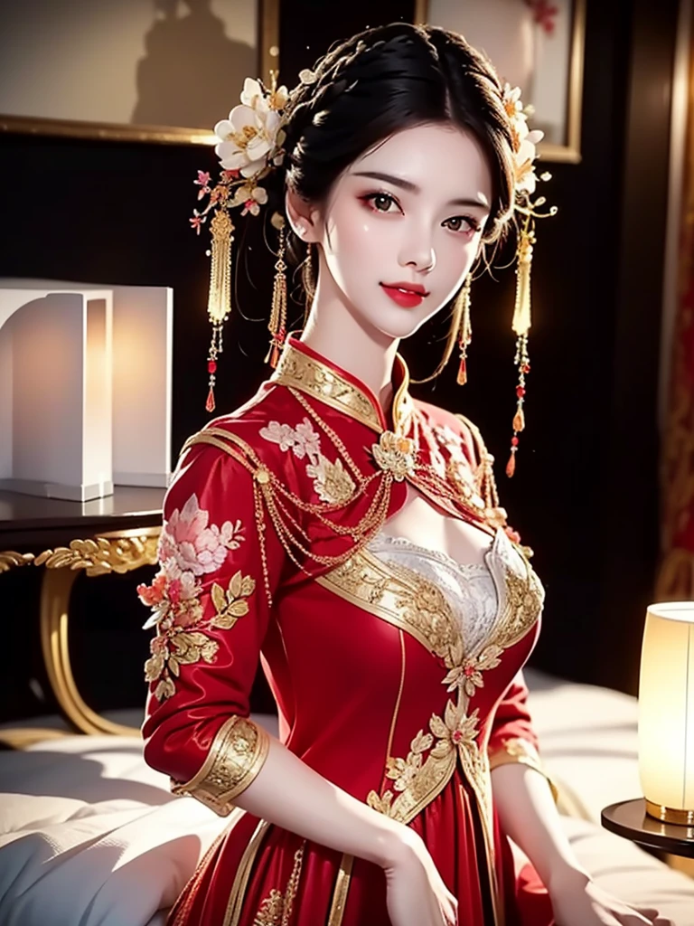 Realistic semi-close portrait image of curious woman retro 60s nostalgia, Prime Time,, 35mm Female Portrait，Gold embroidery. warm color. Vivid. Realistic. Carefree happy joy bokeh background. Quiet aesthetics. Soft lighting. Artistic lighting. Feminine elegance.Facing forward、Photo of your face