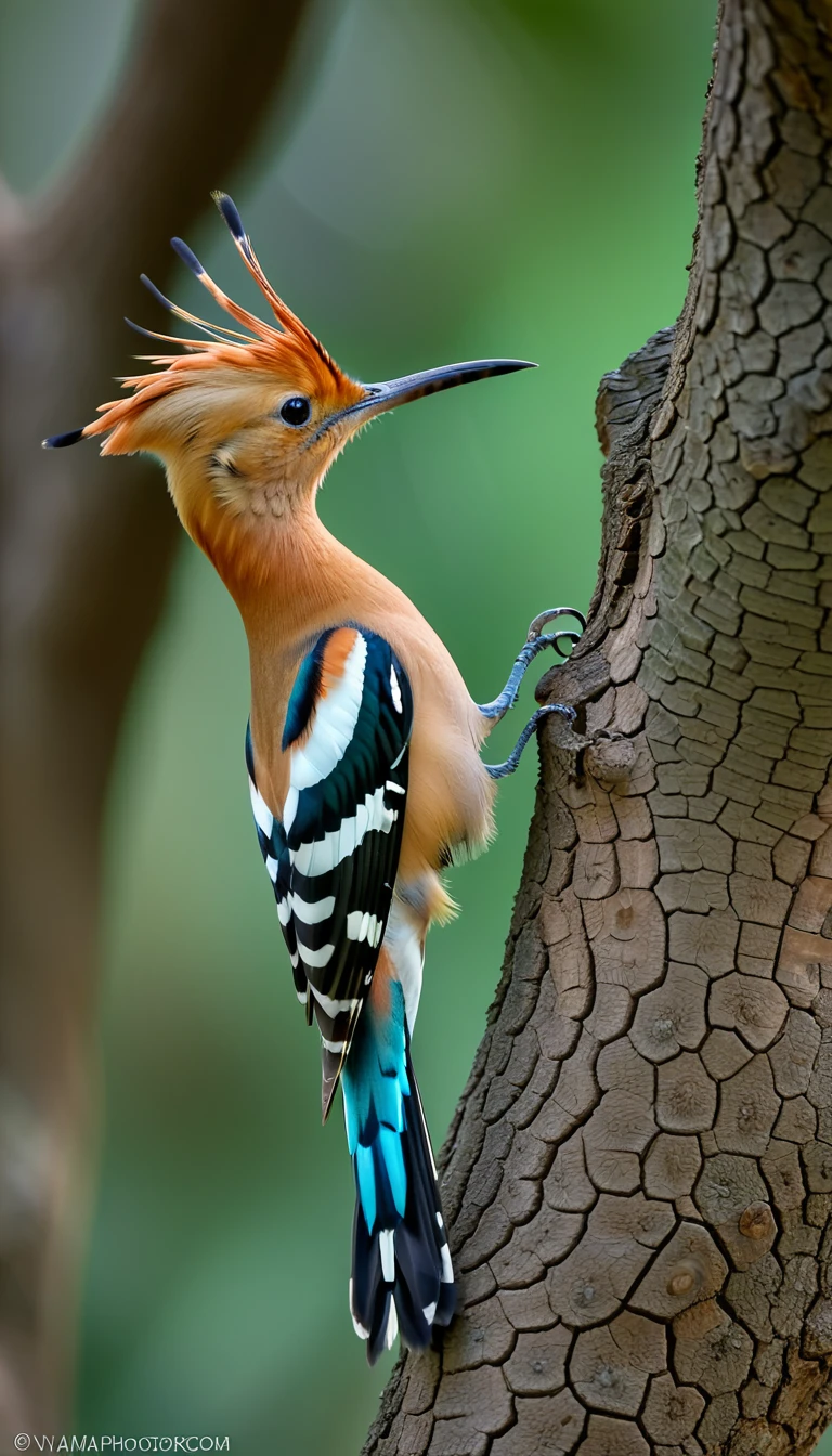 a eurasian hoopoe is pecked on a trunk, photo-realistic hyperbole, ivan fedorovich choultse, i can't believe how beautiful this is, sumatraism, duccio, naturalistic poses, photography, Nikon D7500 --ar 4:7 --v 5 --no watermark
