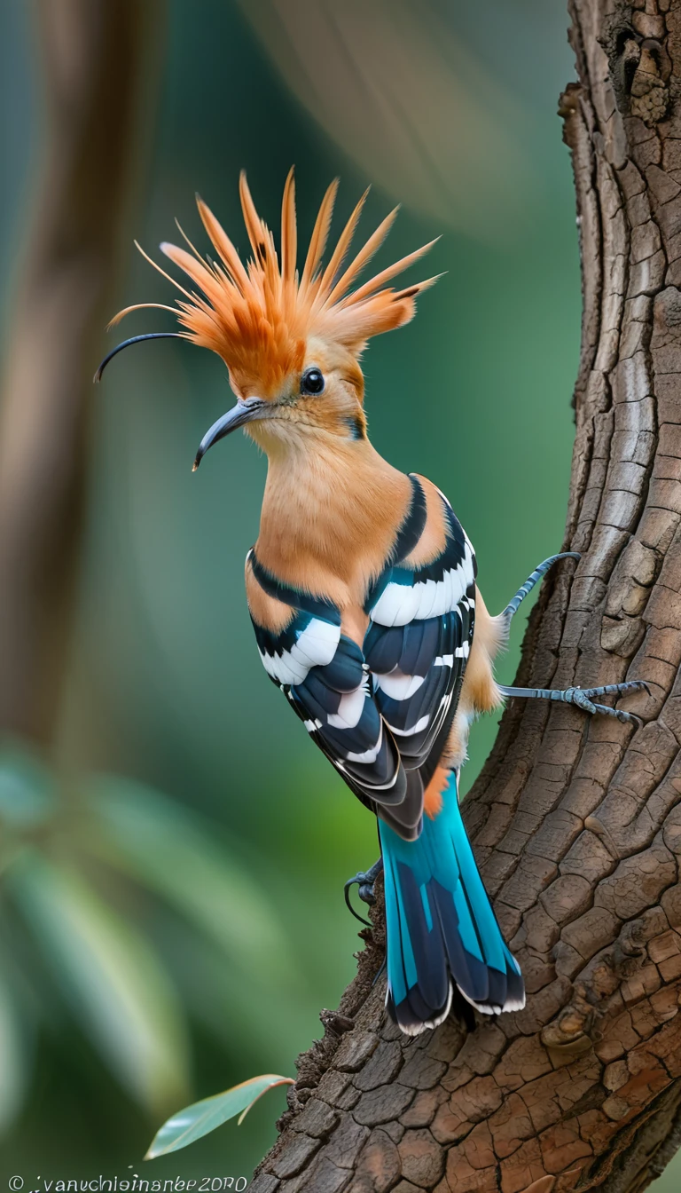a eurasian hoopoe is pecked on a trunk, photo-realistic hyperbole, ivan fedorovich choultse, i can't believe how beautiful this is, sumatraism, duccio, naturalistic poses, photography, Nikon D7500 --ar 4:7 --v 5 --no watermark