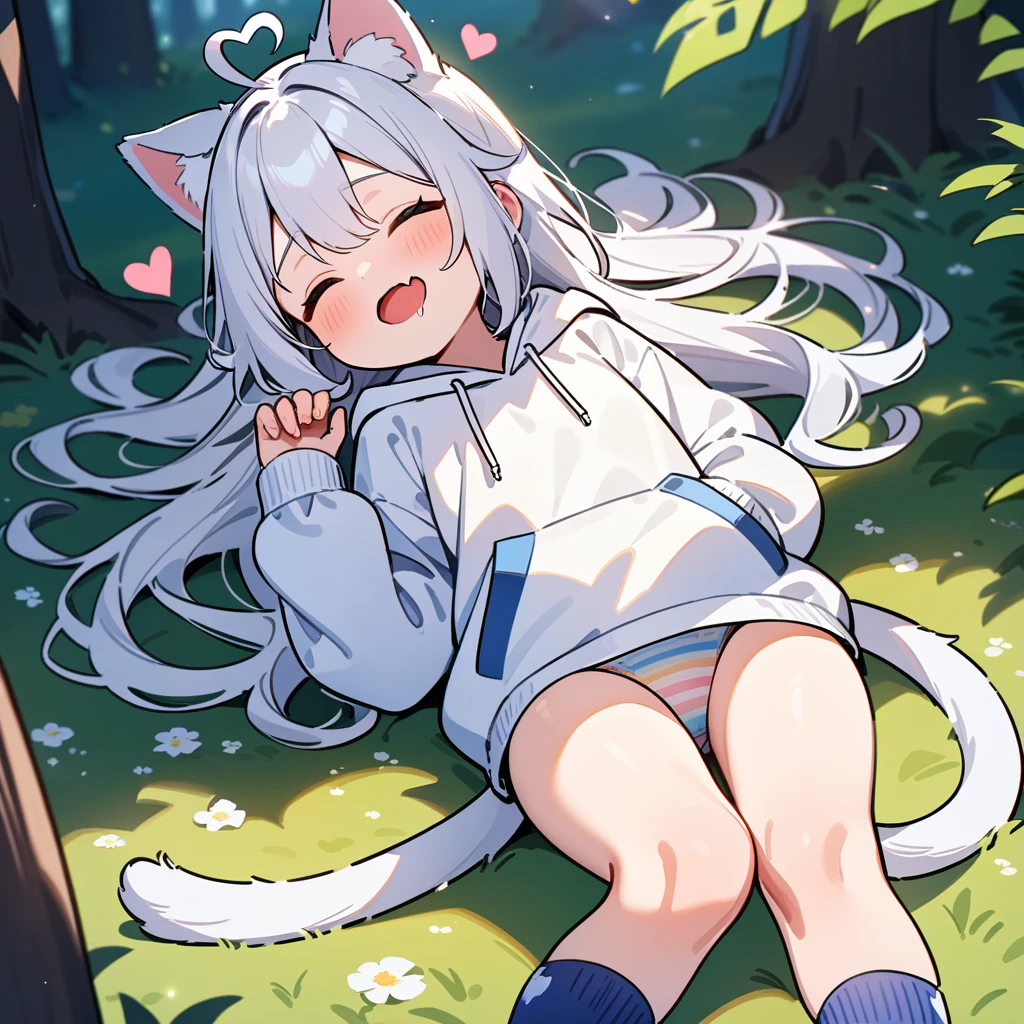 (masterpiece:1.2,high quality),8K,High resolution,A seven-year-old girl,cute girl,white hair,long hair,Sleeping,heart ahoge,cat ears,laughing,skin fang,saliva,Wear a white hoodie,no shorts,Rainbow patterned panties,Lying in the forest,There are flowering trees on both sides,primary school student,thigh,Calf,Blue socks,cat tail,alone,(Put your hands in your pockets)