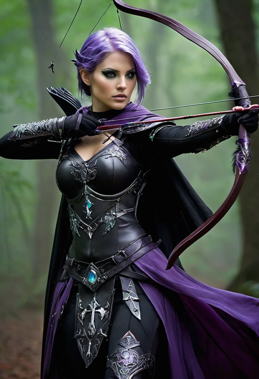 Necromancer Archer Figure: A female archer, slim and athletic, with a dark yet elegant aura.hair: Her short hair is a mix of blonde and purple, perhaps with flowing transitions or ombre effect, slightly wavy and fall over her shoulders.eyes: Your eyes glow in an unnatural green or an icy blue, a reference to her necromantic abilities.attire: She wears a combination of medieval armor and magical robes. Dark, Leather armor decorated with runes covers her upper body and arms. Under the armor she wears a black, slightly torn cloak, fluttering in the wind.arch: Her arch consists of a dark, enchanted wood, decorated with silver or luminous symbols. The arch radiates an eerie energy.Arrows: The arrows in her quiver also have a magical effect, with black feathers and tips, which are surrounded by a dark aura.backdrop: The backdrop could be a dark forest or a dilapidated, show foggy landscape, which enhances the mystical and threatening atmosphere.short Purple hair