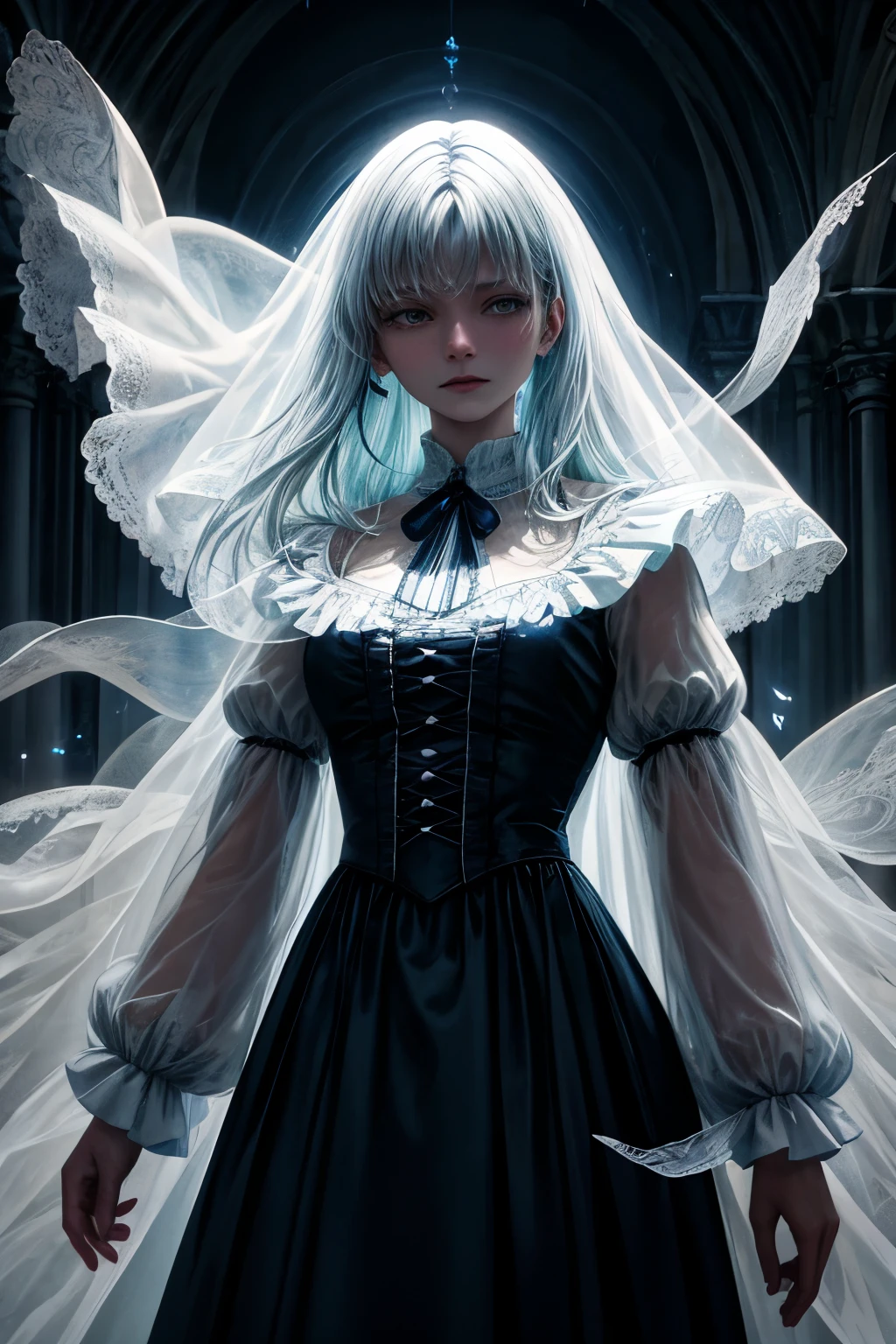 A spectral figure dwells in the foreground, embodying the spirit of dread. The gothic backdrop, rich in blue and white hues, further accentuates the ghostly entity's eerie presence.

This translucent being showcases an ethereal beauty with shimmering, long tresses that seem to flutter in an unseen breeze. Its eyes are empty orbs, devoid of any sign of life, adding to the haunting ambiance.

The detail in this artwork is exquisite, with High-Definition Renderer (HDR) and physically-based rendering techniques employed to capture the intricate nuances of this supernatural subject. The image is rendered