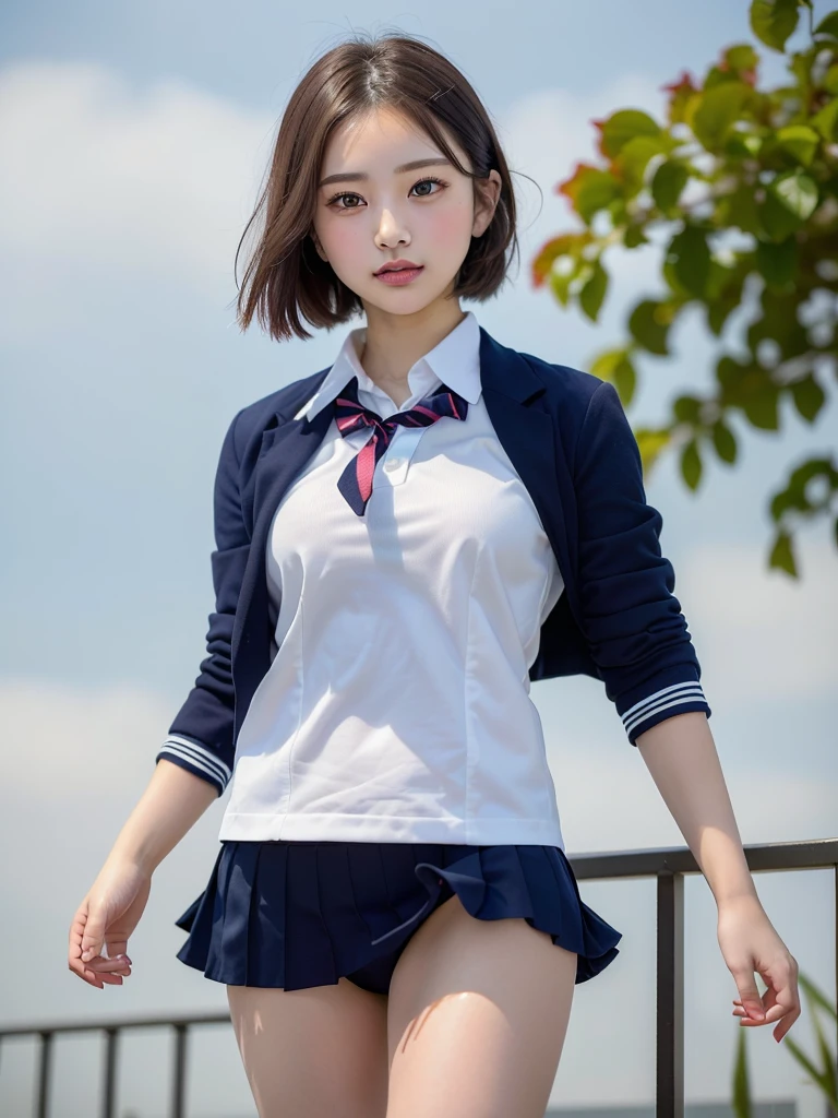 ((Best of the highest quality, 8k, Masterpiece, raw photo: 1.2)), (Sharp focus: 1.2), (1 AESPA, slim body type female, 21 y/o: 1.1), (Solo: 1.28), (realistic, photo-realistic:1.37), face focus, cute face, finely eyes, (droopy eyes: 1.32), (Emphasize prominent aegyo-sal with bright: 1.2), shimmering eyeshadow applied under the lower lash line, paired with thick, (small breasts, flat chest, Thigh: 1.3), (short messy hair: 1.28), (wearing navy blazer school uniform, skirt: 1.32), (ribbon: 1.1), walking terrace dining, flower, (skirt is rolled up by the wind, from below: 1.16)