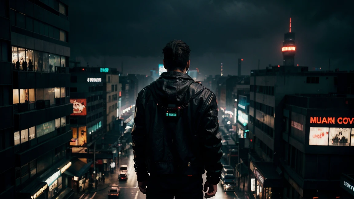 a man in a black jacket and mask standing in the middle of a cyberpunk city, his back turned, bird's-eye view, flying vehicles, dystopian, neon lights, atmospheric, moody, dramatic lighting, cinematic, masterpiece, photorealistic, 8k, hyper detailed, intricate details, complex architecture, futuristic, urban decay, gritty, sci-fi, cyberpunk aesthetic, dramatic shadows, moody atmosphere