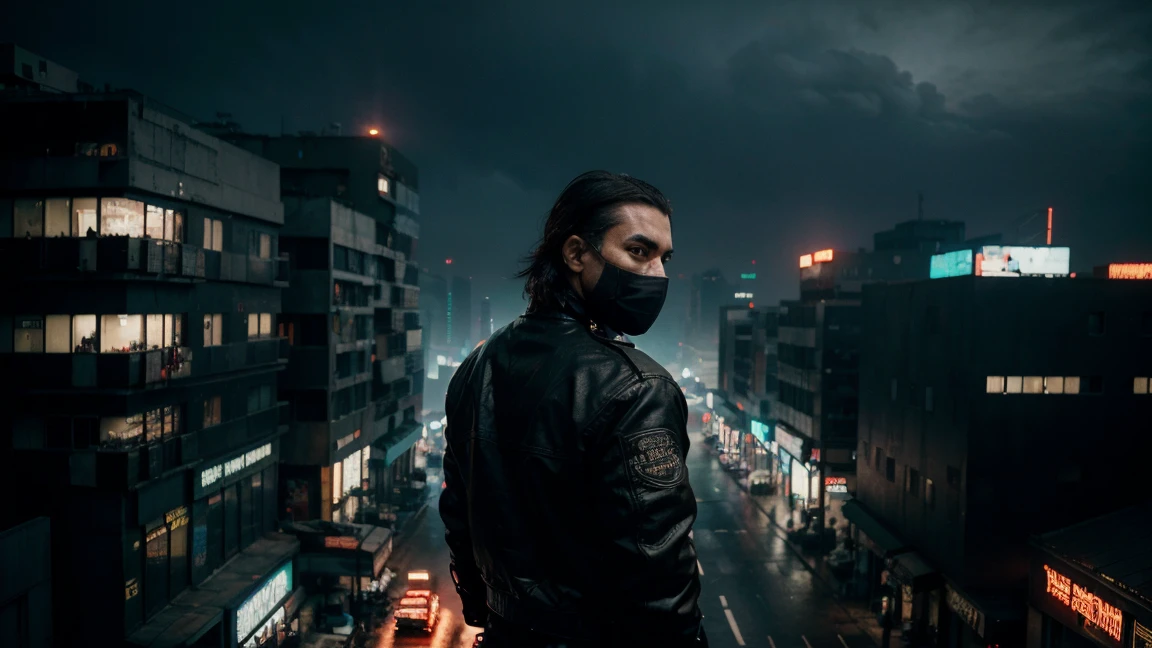 a man in a black jacket and mask standing in the middle of a cyberpunk city, his back turned, bird's-eye view, flying vehicles, dystopian, neon lights, atmospheric, moody, dramatic lighting, cinematic, masterpiece, photorealistic, 8k, hyper detailed, intricate details, complex architecture, futuristic, urban decay, gritty, sci-fi, cyberpunk aesthetic, dramatic shadows, moody atmosphere