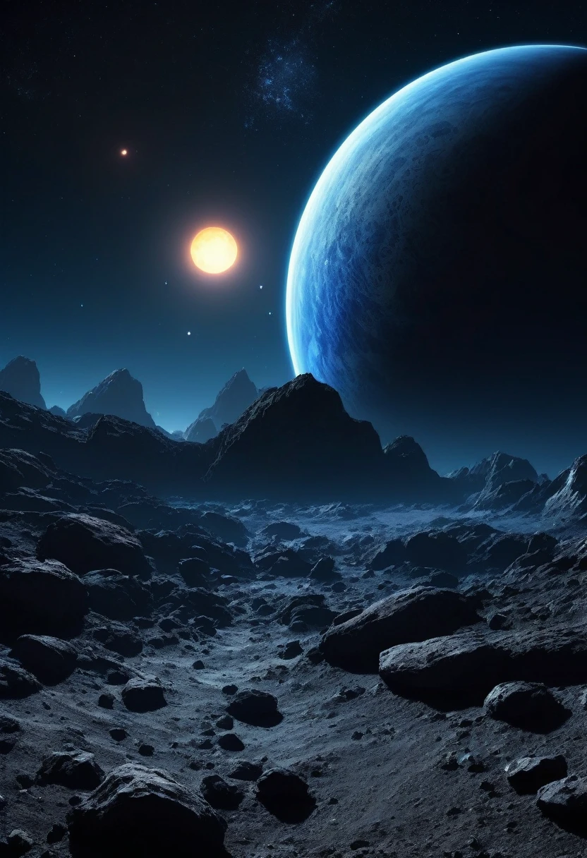 create a view of two dark blue rocky planets superimposed in dark nighttime outer space seen from the surface of a rocky planet at night in the distance, space is dark and you can only see one side of the planets through the atmosphere, total dark, dark horizon, penumbra, as realistic as possible, the sun is out of the picture