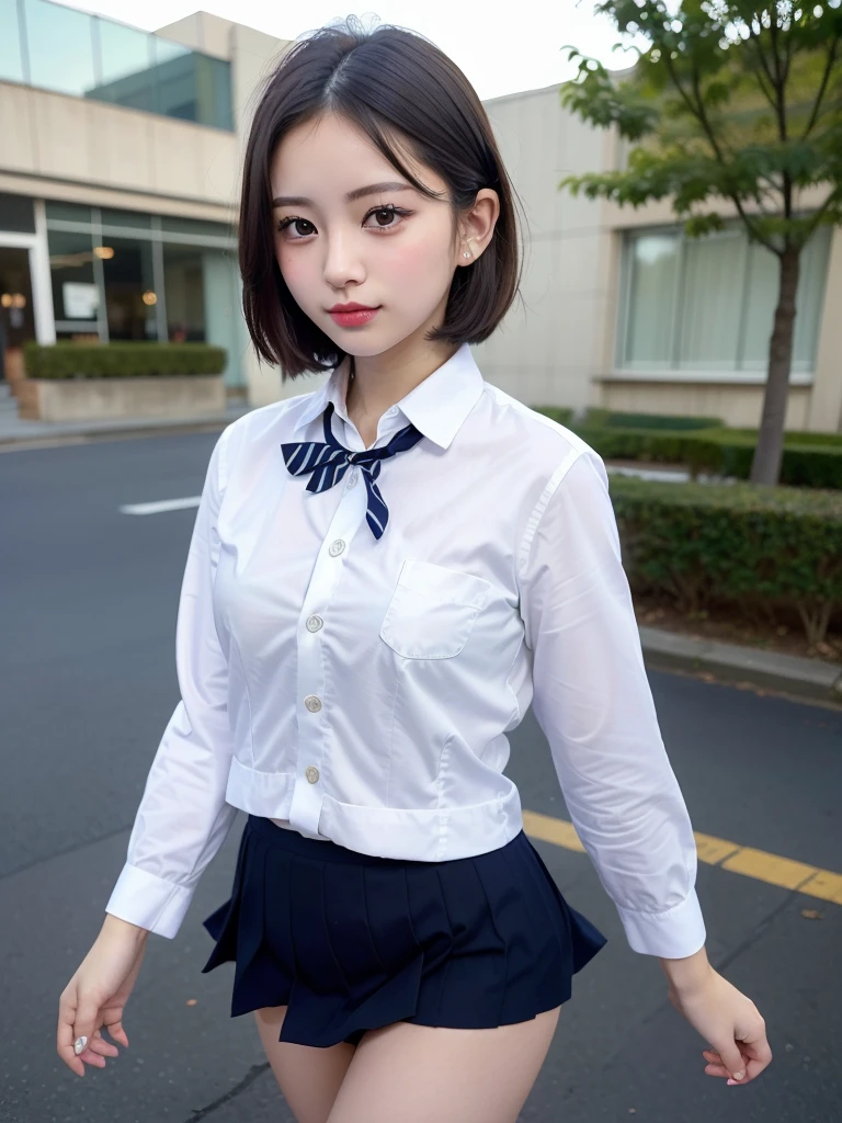 in 8K,top-quality,Real Image,intricate detailes,super A high resolution,Depth Field,masuter piece,natural soft light,profetional lighting,one girl in,cool beauty,an extremely beautiful 18-year-old girl,A detailed eye,((Brown-eyed)),(Black hair),(short-haired),(bangss),flawless skin,shinny skin,fair white skin,Fine skin,large full breasts,((perfect anatomia,nice hand,perfect hand,Five fingers connected to the palm of the hand,accurate hands without incongruity)),Perfect raw legs,delicate legs,perfectly proportions,A sexy,Chest visible,((Japan uniform)),((School Uniforms mini Skirt)),(neck tie),Black socks,Chano Leather Shoes,Squatting deep in the city,The crotch is visible,Show me your panties around town,,The legs are spread in an M shape,,I can see panties,Delicate thighs visible from the front
