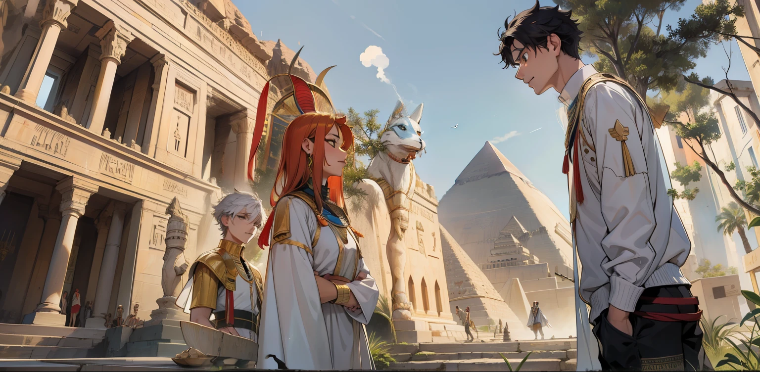 There are Egyptian palaces and a pyramid in the background