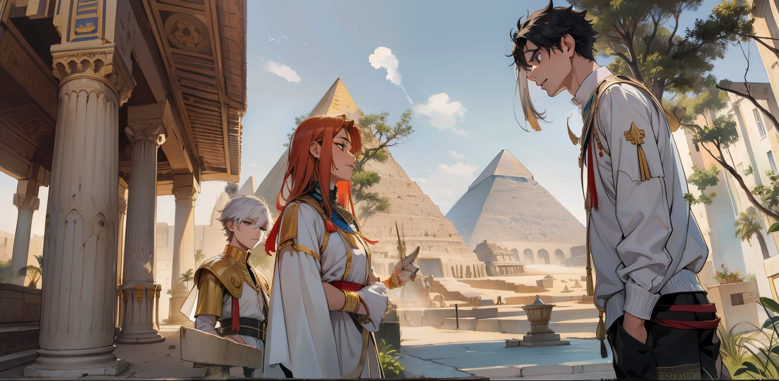 There are Egyptian palaces and a pyramid in the background