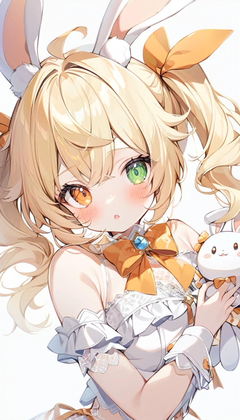 1girl, animal ears, bangs, bare shoulders, blonde hair, blush, bow, breasts, white cleavage, cropped torso, , green eyes, hair ribbon, heterochromia, holding, holding stuffed toy, looking at viewer, open mouth, orange bow, orange eyes, orange ribbon, rabbit ears, ribbon, solo, stuffed animal, stuffed bunny, stuffed toy, twintails, upper body, virtual youtuber, white background, wrist cuffs, yellow eyes, bloomers, close-up, fair skin frills, lace, midriff, skirt, solo, , white background,shorts, white top with ribbon and lace and trousers,trousers, genshin,white slippers with a bow,All clothes are white, lace