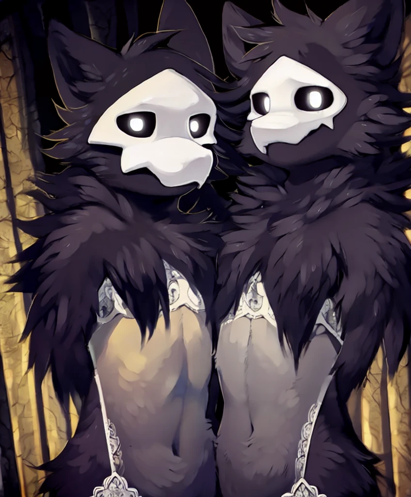 by reysi, by hioshiru, by zackary911, by darkgem, masterpiece, portrait, soft lighting , (fluffy fur:1.1), slim, male, puro, black fur, white mask, white eyes, black sclera , looking at viewer, detailed background, full body image, wearing white lace lingerie