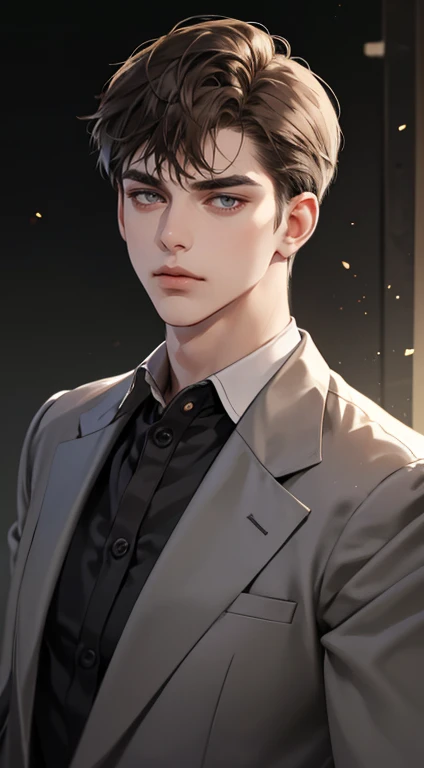 masterpiece, best quality, realistic, 1man, mature male, quiet and charming young man, 25 years old, close his eyes, serious look, extremely detailed face, ((dark grey eyes)), ((short-right-swept dark brown hair)), [thick eyebrows], detective, plain background, ((suit)), cinematic lighting, looking at the audience, posture dynamics