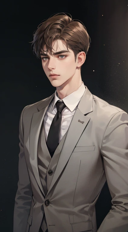 masterpiece, best quality, realistic, 1man, mature male, quiet and charming young man, 25 years old, close his eyes, serious look, extremely detailed face, ((dark grey eyes)), ((short-right-swept dark brown hair)), [thick eyebrows], detective, plain background, ((suit)), cinematic lighting, looking at the audience, posture dynamics
