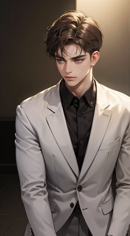 masterpiece, best quality, realistic, 1man, mature male, quiet and charming young man, 25 years old, close his eyes, serious look, extremely detailed face, ((dark grey eyes)), ((short-right-swept dark brown hair)), [thick eyebrows], detective, plain background, ((suit)), cinematic lighting, looking at the audience, posture dynamics