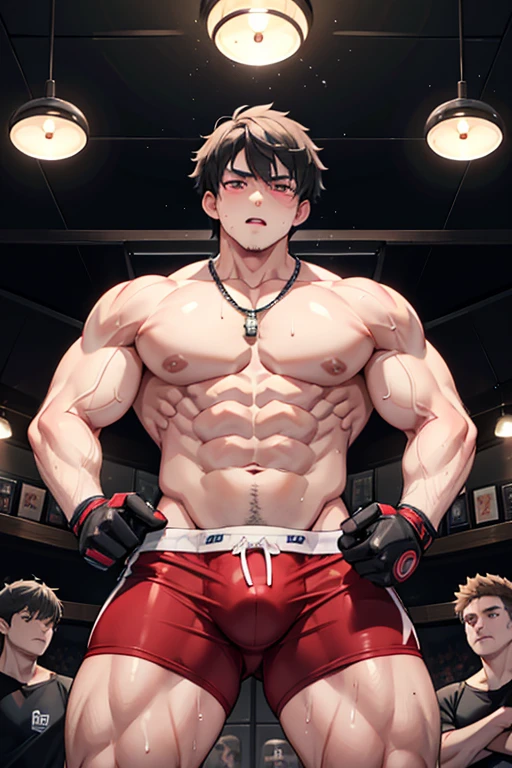 Muscular hairy Ash Ketchum from Pokémon hypnotized by a glowing pendulum swaying in front of their faces, flexing his biceps in a locker room with other jocks also being hypnotized as they fall deeper into trance as stereotypical big dumb football jocks. Glowing red eyes. Muscle growth. Sweat. big biceps. Big triceps. Big traps. Broad shoulders. Big meaty pecs. Hyper muscles. Glowing red eyes. Hyper crotch bulge. Massive bulging crotch. Dumber and dumber. Blank and vapid stare with open mouth in trance while saying in a monotone voice, "We must sweat. We will obey. A big dumb jock works out all day. I am a dumb jock.... I obey.... We are dumb jocks.... We obey.... Dumber and dumber.... Yes, Coach.... I'm your player, Coach. Whatever you say.... Dumb jocks must obey.... Flex, ... grow, ... and obey.... Huhuhuhuh.... We are big dumb jocks...." Slumped shoulders. Hypnosis. Brainwashing. Hypnotized. Brainwashed. Vapid. Dull. Dimwitted. Meathead. Musclehead. Bigger and dumber jock bro. Assimilation. Transformation into big dumb muscular jock bro. Slumped shoulders. Bulging glutes. Thick stubble. hairy armpits. thick muscular legs. Repeating triggers to be dumber and dumber each time he says them to think and focus only on growing muscle and being the perfect football jock. Dimwit. Dullard. Bro. Stupid. Musclehead. Mass hypnosis. Entranced. Mindless. Brute. glowing pendulum. Bodybuilder. Huge muscles. Sweaty. Mouth open. panting. Entranced.