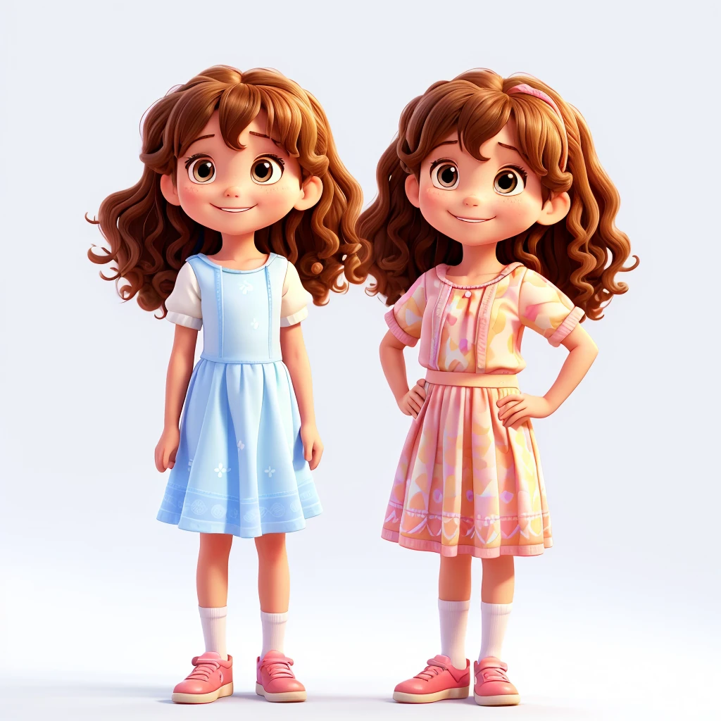 draw Helen, a 5  girl with wavy hair standing forward, on a white background. should wear brightly colored clothes and smile. Disney pixar style