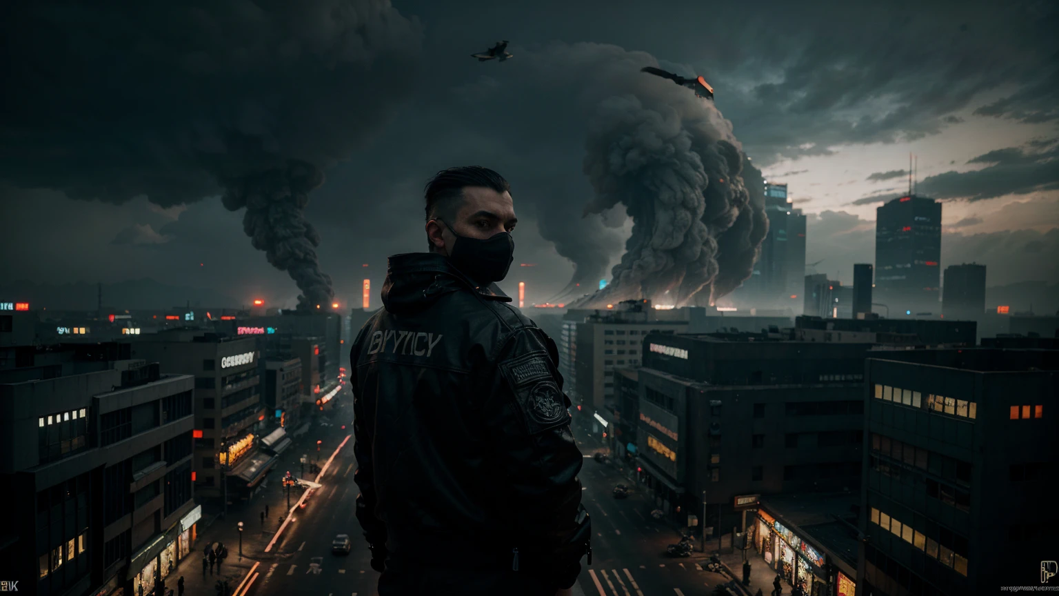 a man in a black jacket and mask standing in the middle of a cyberpunk city, his back turned, bird's-eye view, flying vehicles, dystopian, neon lights, atmospheric, moody, dramatic lighting, cinematic, masterpiece, photorealistic, 8k, hyper detailed, intricate details, complex architecture, futuristic, urban decay, gritty, sci-fi, cyberpunk aesthetic, dramatic shadows, moody atmosphere