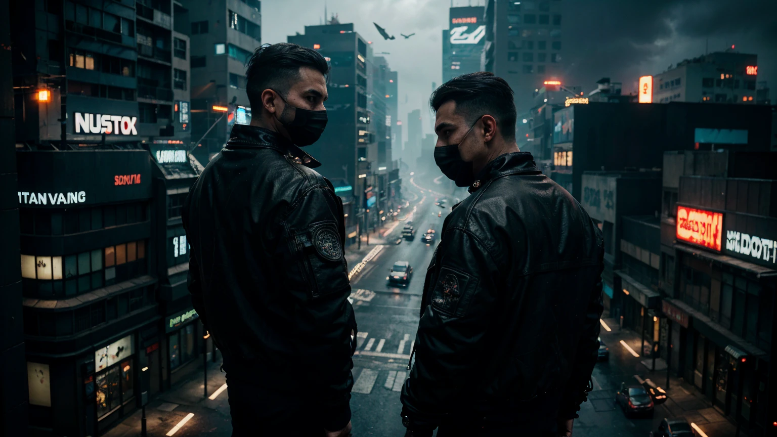 a man in a black jacket and mask standing in the middle of a cyberpunk city, his back turned, bird's-eye view, flying vehicles, dystopian, neon lights, atmospheric, moody, dramatic lighting, cinematic, masterpiece, photorealistic, 8k, hyper detailed, intricate details, complex architecture, futuristic, urban decay, gritty, sci-fi, cyberpunk aesthetic, dramatic shadows, moody atmosphere