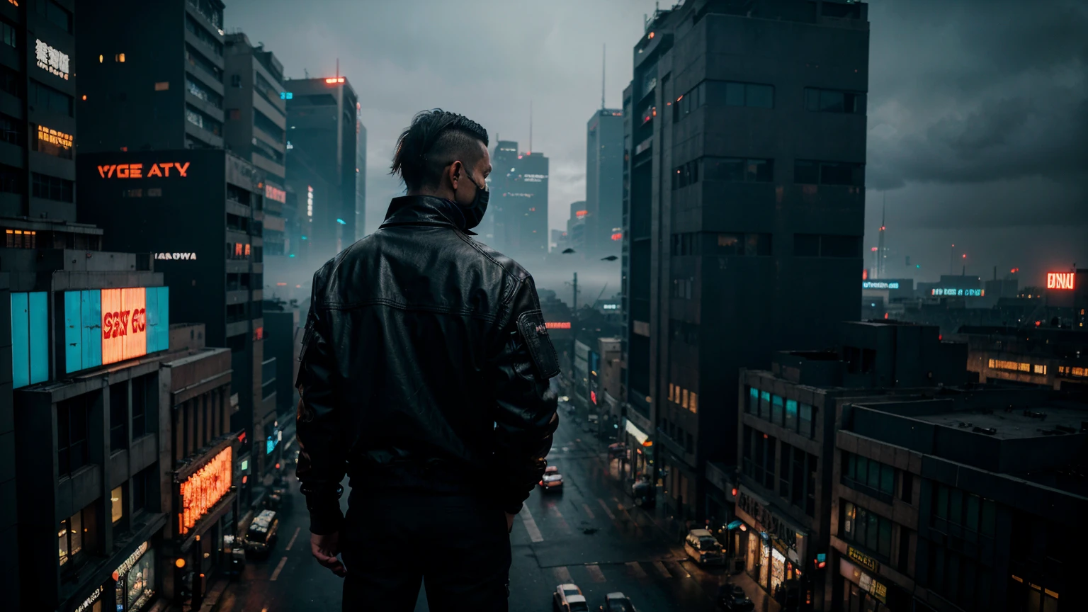 a man in a black jacket and mask standing in the middle of a cyberpunk city, his back turned, bird's-eye view, flying vehicles, dystopian, neon lights, atmospheric, moody, dramatic lighting, cinematic, masterpiece, photorealistic, 8k, hyper detailed, intricate details, complex architecture, futuristic, urban decay, gritty, sci-fi, cyberpunk aesthetic, dramatic shadows, moody atmosphere