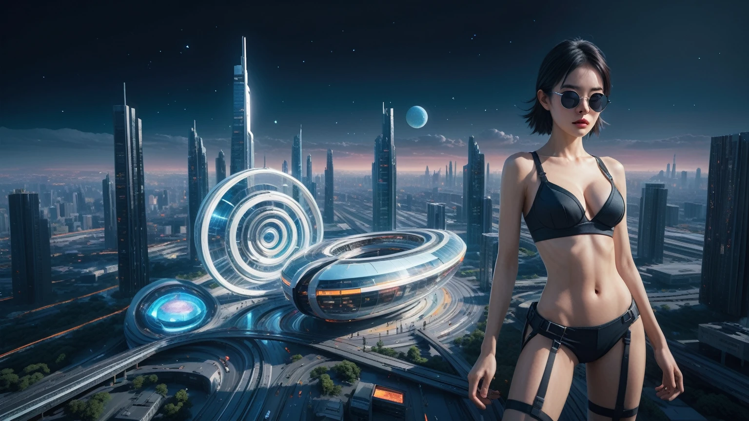 Brightly colored abstract aerial view image of a futuristic railway station with a spiral, a (((futuristic all-glass train))) passing by, epic beautiful space sci-fi, chaotic cinematic space rift, Greg Beeple, planets colliding, Beeple and Tim Hildebrandt, Beeple and Jean Giraud, end of the universe, (((giant abstract sculpture))), galaxy space sci-fi, ringworld, by Mike "Beeple" Winkelmann. Matrix style, (((Matrix cascading code))), (((a futuristic twin tower skyscraper with a unique twisted design))), (((OLED GUI interfaces in the building))), at night, (((((1girl, solo))))), photo realistic, (((((large-breast:1.5 body, cleavage:1.4))))), (((((off broken mini sling-shirt and black sling bra, extreamly short pleated miniskirt exposing panty))))), (((((running pose))))), (((((((matrix style black micro sunglasses))))))), ((((((((((aiming with a short gun)))))))))), (((((looking at camera))))), (((very low view))), (((((half-body thigh level medium shot))))), (((cinematic lighting))).