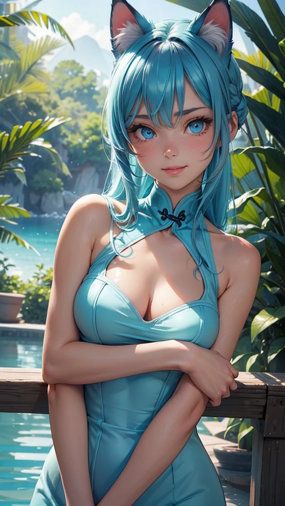 (high resolution, upper body, soft skin:1.2),(best illustration,masterpiece:1.2),ultra-detailed,[(cat ears , aqua blue inside:1.2, blue twin tail hair, aqua blue eyes, cat eyes, tan skin),vivid colors,sharp focus, sun lighting,bokeh, wearing a red cheongsam, smiling,