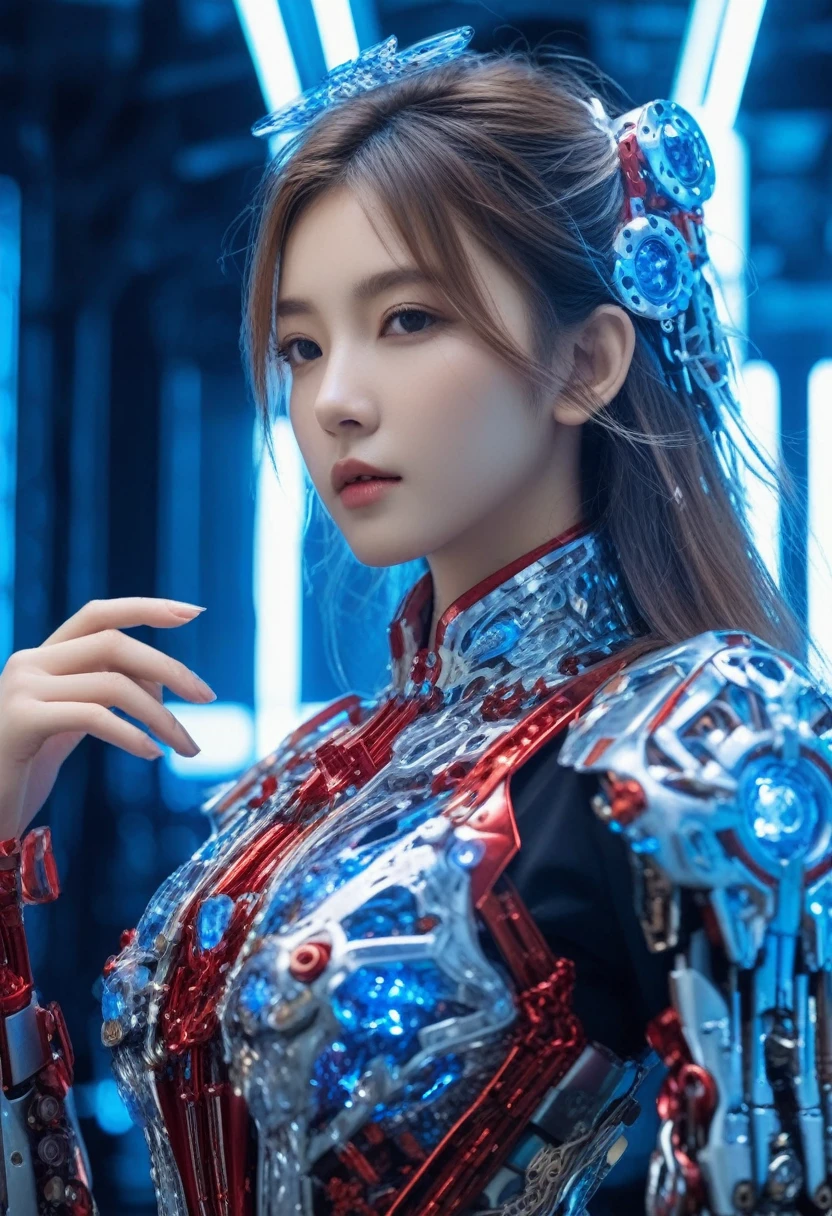 front_view, masterpiece, best quality, Reality, RAW photos, (1 girl, looking at viewer), long hair, Transparent glass mecha, complex texture, Delicate blue filigree, intricate filaments, red metal parts, detail, Dynamic poses, Detailed background, Dynamic Lighting,