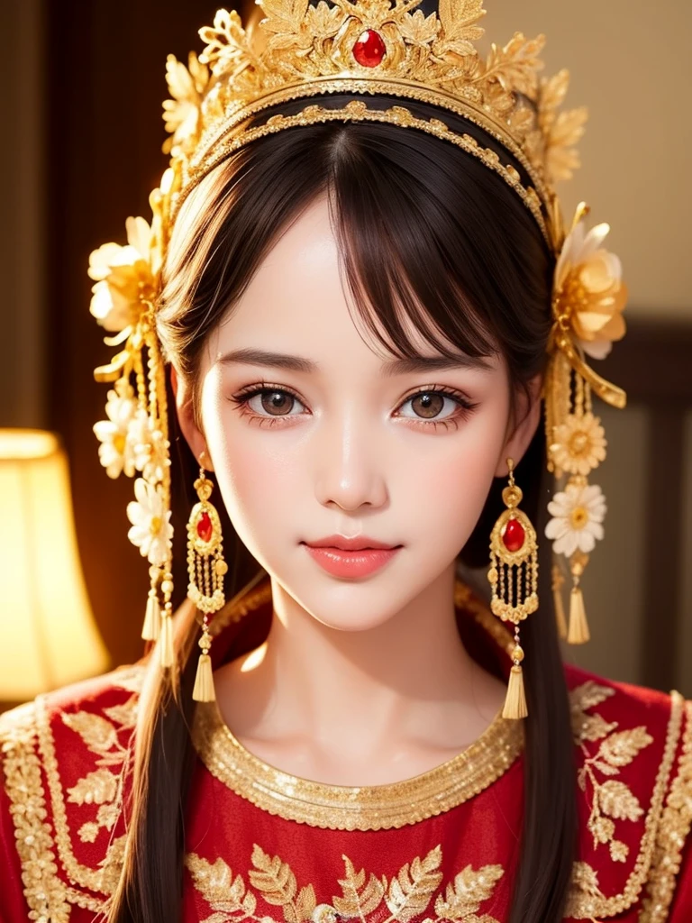 Realistic semi-close portrait image of curious woman retro 60s nostalgia, Prime Time,, 35mm Female Portrait，Gold embroidery. warm color. Vivid. Realistic. Carefree happy joy bokeh background. Quiet aesthetics. Soft lighting. Artistic lighting. Feminine elegance.Facing forward、Photo of your face