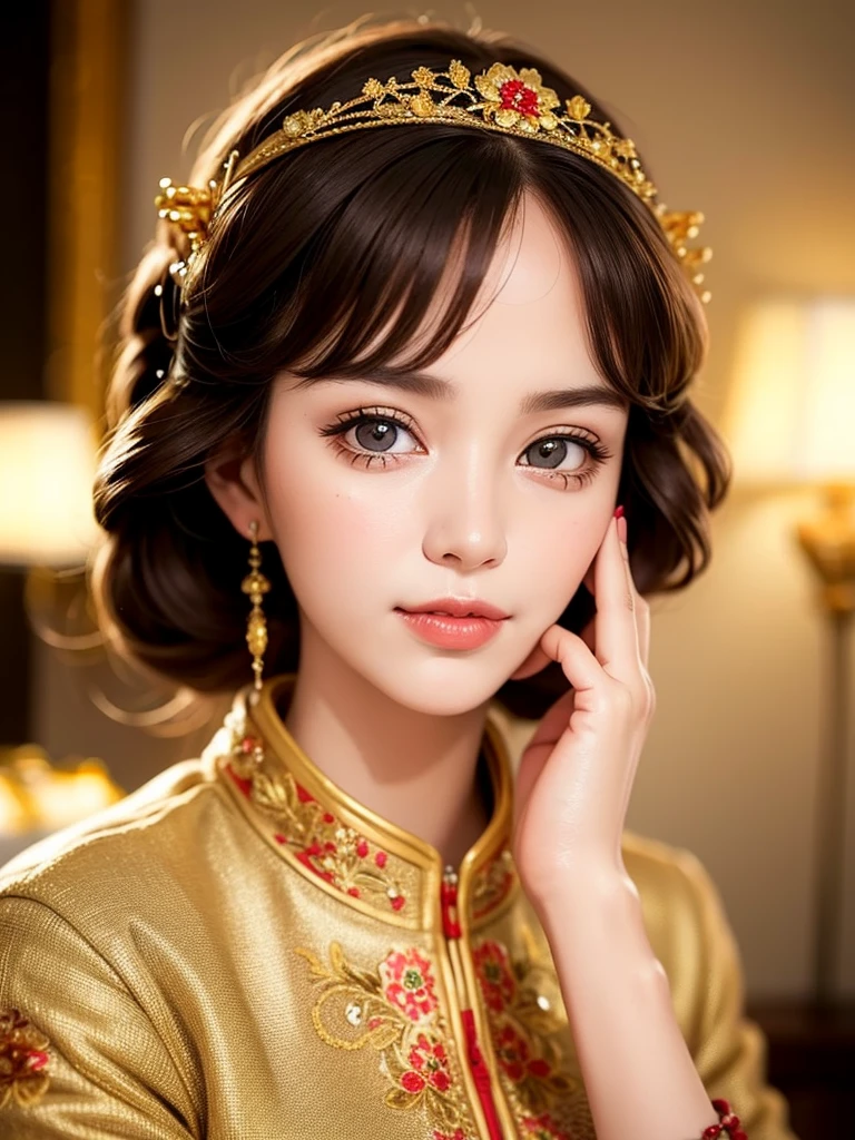 Realistic semi-close portrait image of curious woman retro 60s nostalgia, Prime Time,, 35mm Female Portrait,Gold embroidery. warm color. Vivid. Realistic. Carefree happy joy bokeh background. Quiet aesthetics. Soft lighting. Artistic lighting. Feminine elegance.Facing forward、Photo of your face