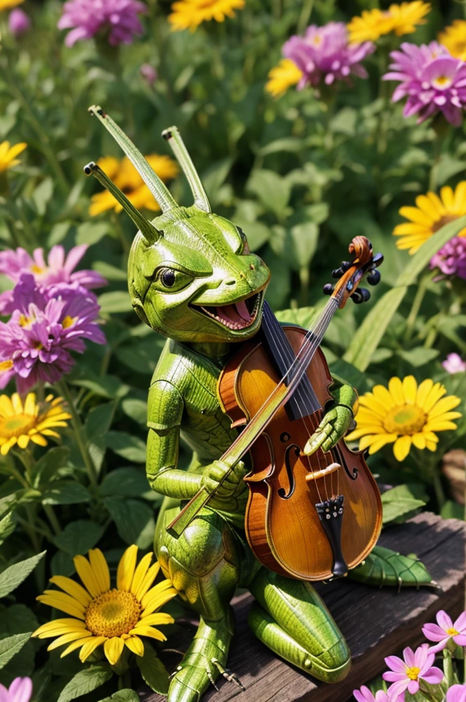 "A cheerful grasshopper playing a fiddle and singing, basking in the warm sun and surrounded by colorful flowers, looking carefree and happy."