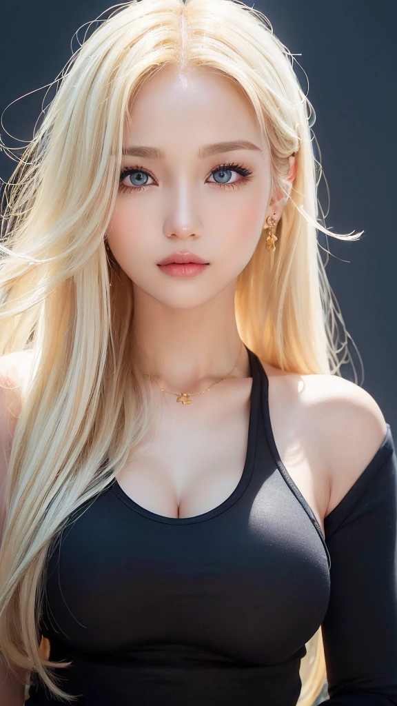 (((forehead、White background、Blonde、Russia、Northern Europe、Upper body close-up)))、Sexy big ,25 year old beautiful girl is sexy and cute & Cute beautiful sexy face, A strong wind blows my hair in front of my face,Beautiful super long metallic blonde straight hair、Beautiful, cute and sexy eyes hidden behind long bangs、Tank top、skinny pants