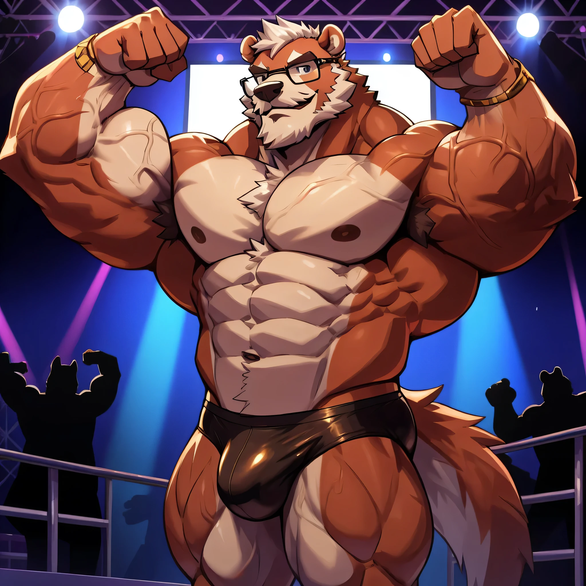 solo, 1boy, Huge Thickend Muscular Old Grizzly Bear wearing glasses , pectoral, huge pectoral, wide pectoral, brown fur, short white hair, black competitive briefs, shirtless topless, bearded, 
Mustache, bodybuilding conpetition stage background, masterpiece, high detailed, 8k, high resolution, at the stage flexing whole body veiny. (Side chest bodybuilding pose). Winner, gold metal