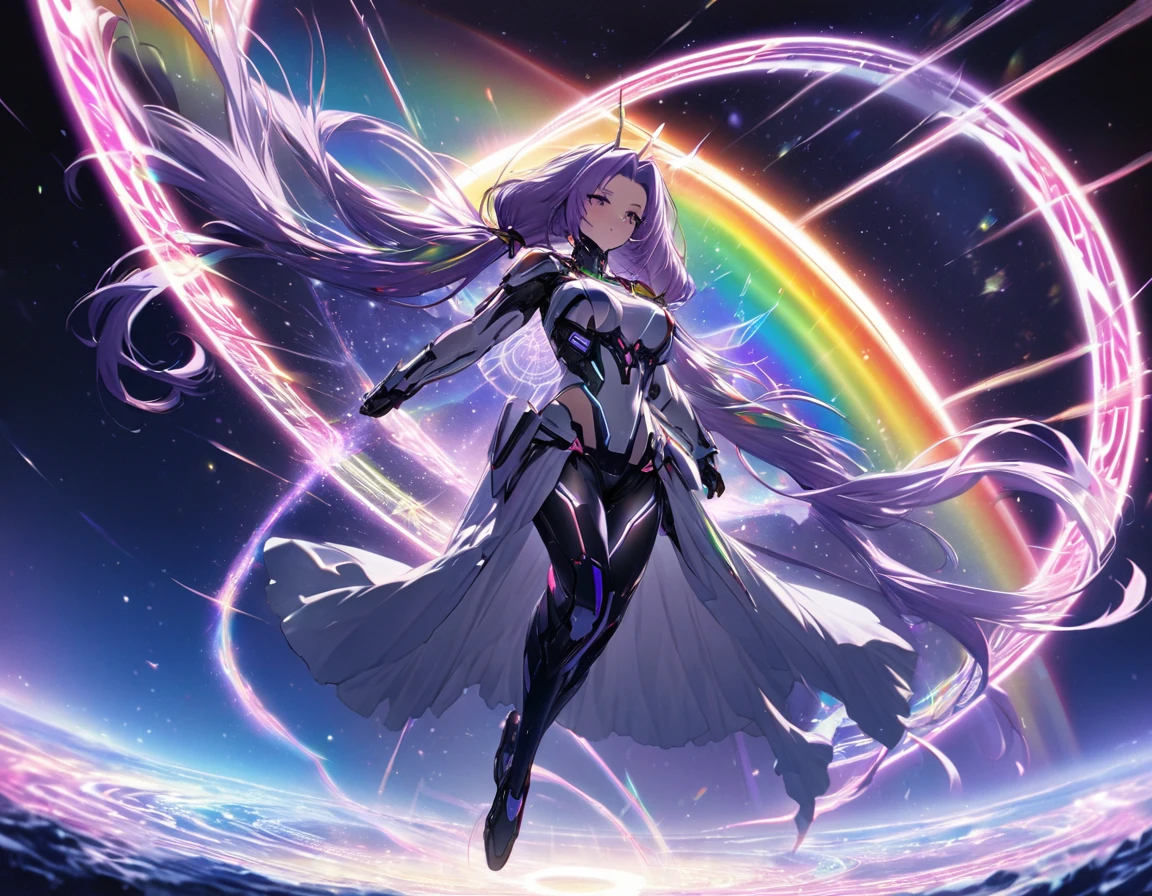 Highest quality, Super quality, 16K, Incredibly absurd, Very detailed, delicate and dynamic, Huge and beautiful、Fight against the transparent and shining goddess、Cool and beautiful cyber warrior, Her hair has a gradient from white to purple at the ends., Long braided low twin tails, Rainbow Magic Circle, Background space galaxy far away