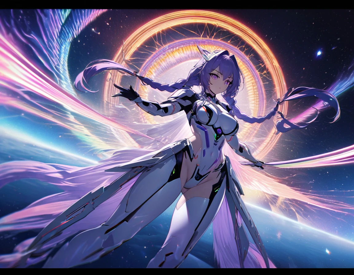 Highest quality, Super quality, 16K, Incredibly absurd, Very detailed, delicate and dynamic, Huge and beautiful、Fight against the transparent and shining goddess、Cool and beautiful cyber warrior, Her hair has a gradient from white to purple at the ends., Long braided low twin tails, Rainbow Magic Circle, Background space galaxy far away