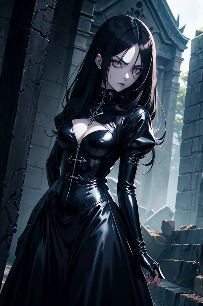 anime woman, dark clothes, gothic style, pale skin, wearing latex, dark castle, light in eyes, angry eyes