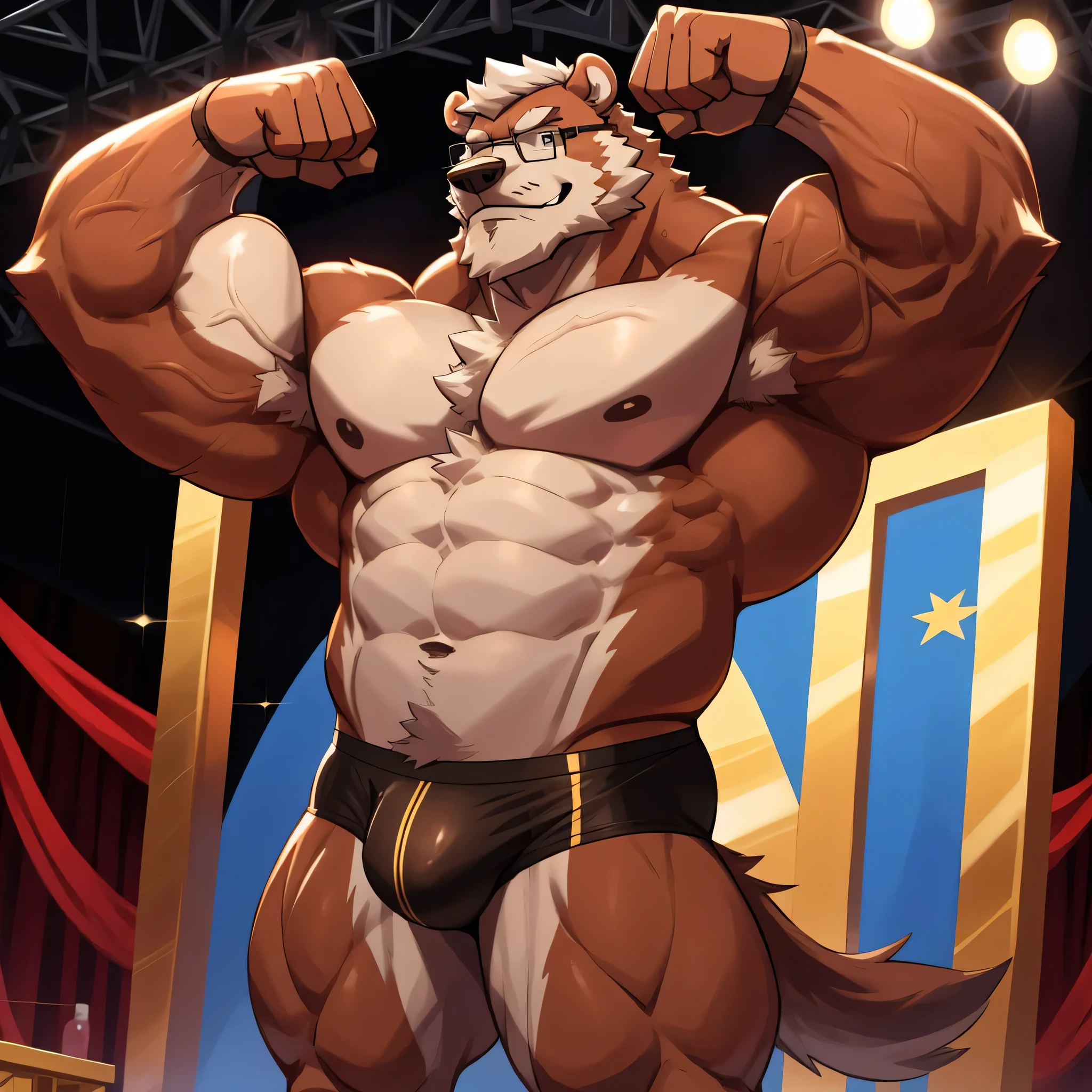 solo, 1boy, Huge Thickend Muscular Old Grizzly Bear wearing glasses , pectoral, huge pectoral, wide pectoral, brown fur, short white hair, black competitive briefs, shirtless topless, bearded, 
Mustache, bodybuilding conpetition stage background, masterpiece, high detailed, 8k, high resolution, at the stage flexing whole body veiny. (Side chest bodybuilding pose). Winner, gold metal